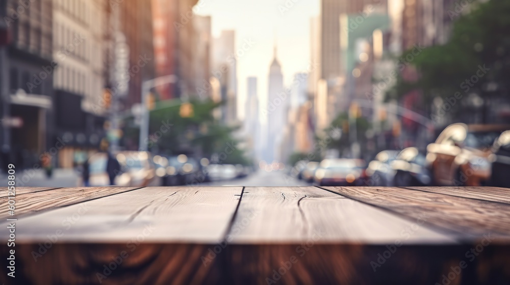 Wood table mockup with New York city street in shallow depth of field. Copy space for product. Gener