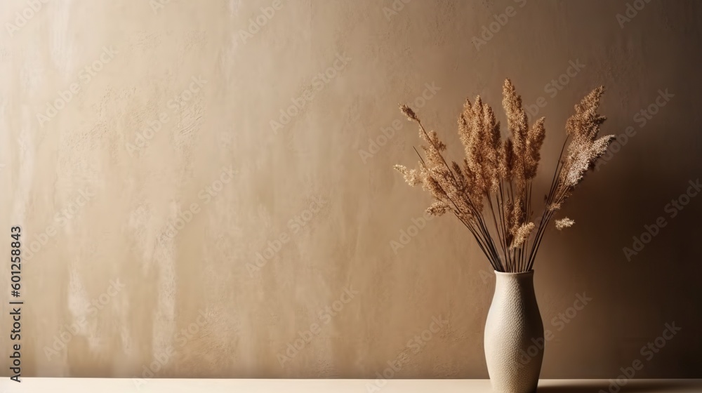 Vase with decorative dry plant branch against beige wall background. Minimalist interior mockup. Gen