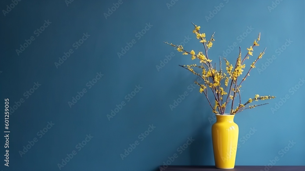 Vase with decorative plant branch against blue wall background. Minimalist interior mockup. Generati