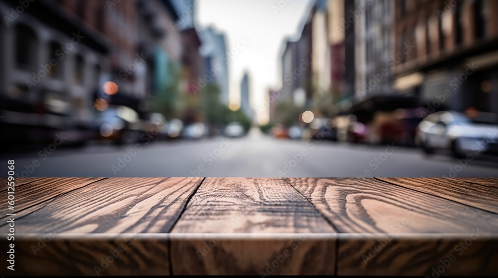 Wood table mockup with New York city street in shallow depth of field. Copy space for product. Gener