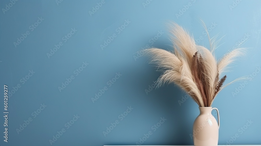 Vase with decorative plant branch against blue wall background. Minimalist interior mockup. Generati