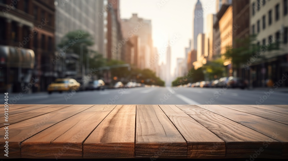 Wood table mockup with New York city street in shallow depth of field. Copy space for product. Gener