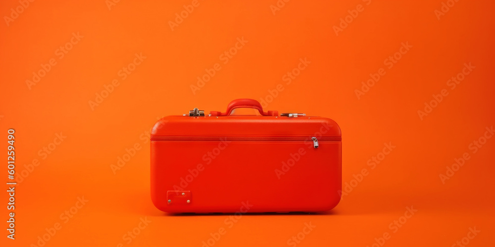 Red travel suitcase, on red background. Trip concept. Generative AI