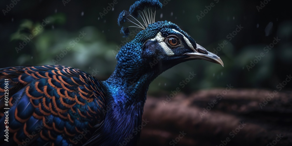 Close up photo of Peafowl bird on forest background. Generative AI