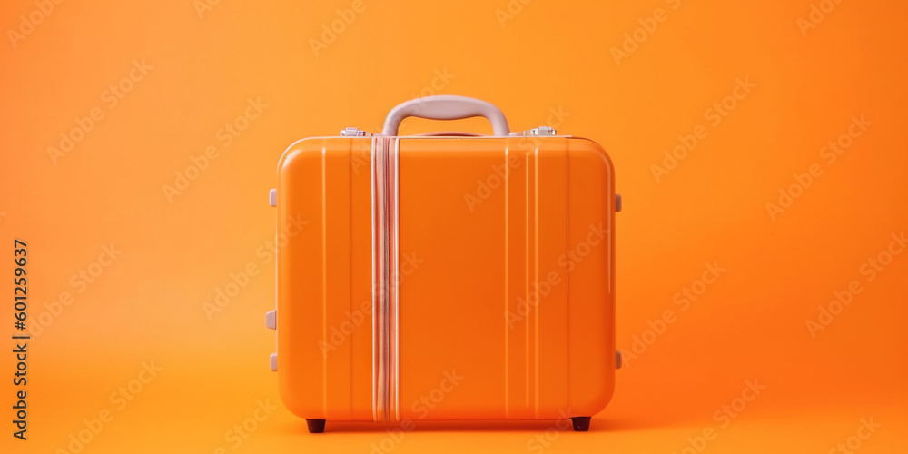 Orange travel suitcase, on orange background. Trip concept. Generative AI