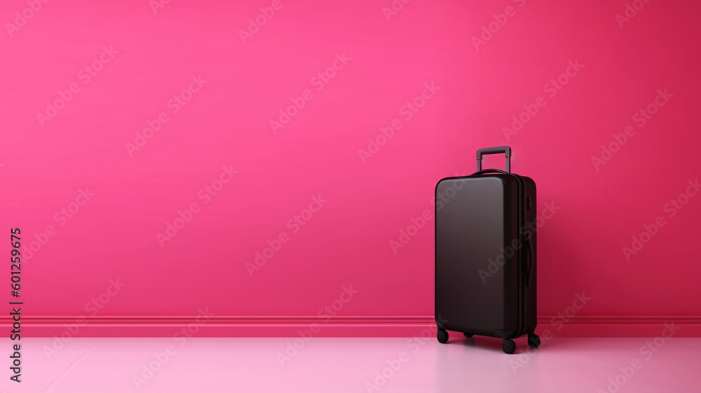 Pink travel suitcase, on pink background. Trip concept. Generative AI