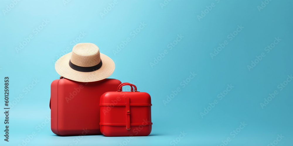 Red travel suitcase with straw hat, on blue background. Trip concept. Generative AI