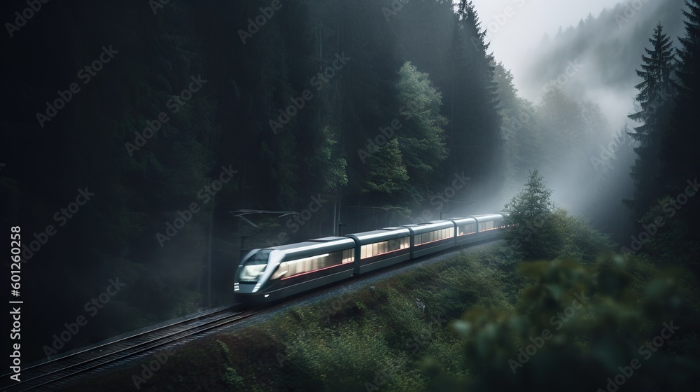 Speed passenger train moving in the mist mountains covered with forest. Generative AI