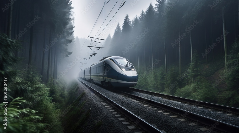 Speed passenger train moving in the mist mountains covered with forest. Generative AI