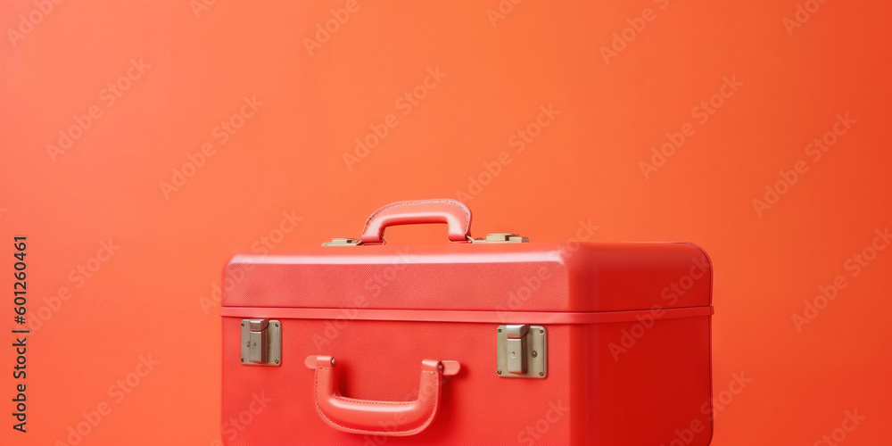 Red travel suitcase, on red background. Trip concept. Generative AI