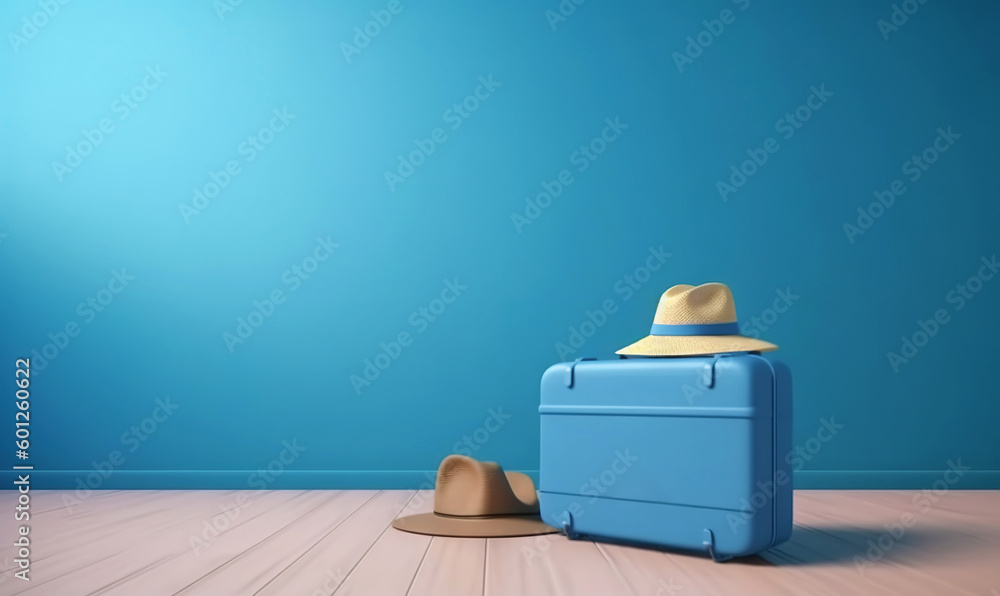 Blue travel suitcase with wheels, straw hat, on uniform blue background. Trip concept. Generative AI