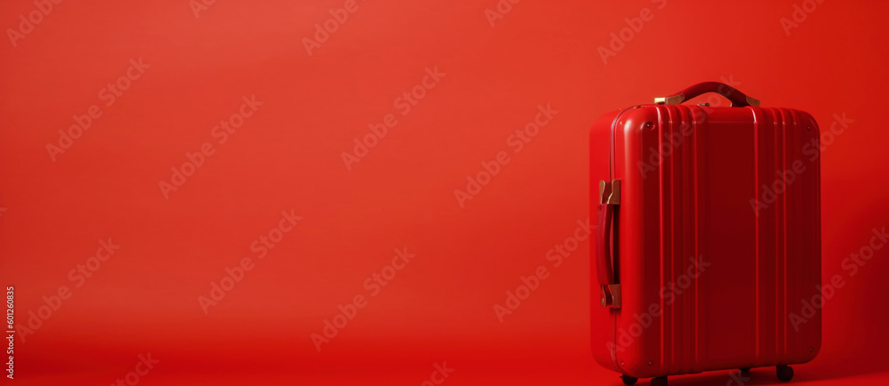 Red travel suitcase, on red background. Trip concept. Generative AI