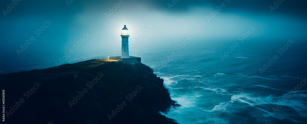 Lighthouse on a cliff edge in stormy and misty weather. Night landscape. Generative AI