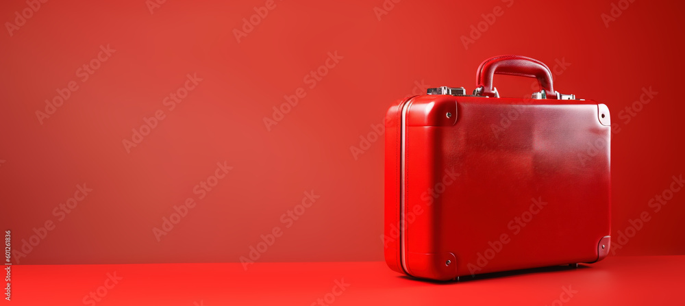 Red travel suitcase, on red background. Trip concept. Generative AI