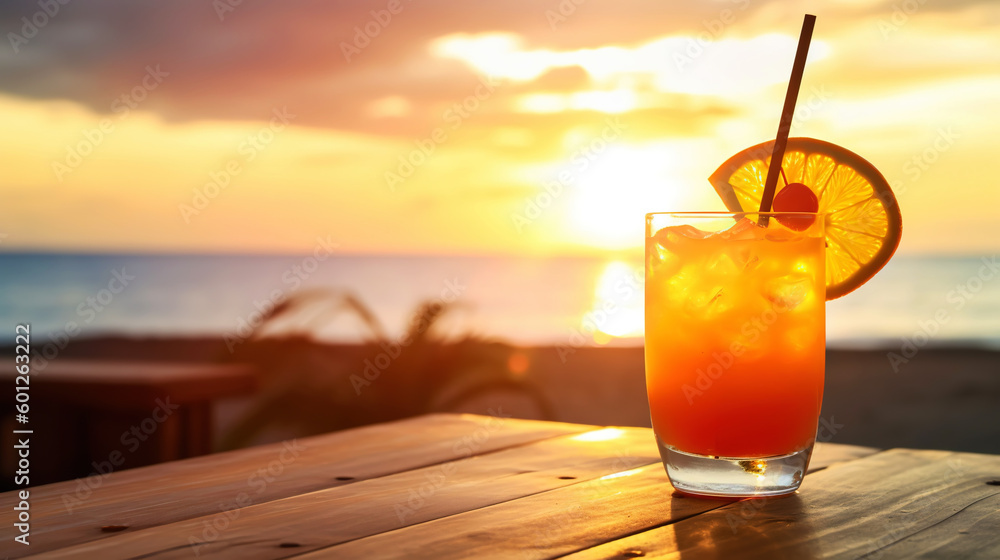 Tequilla Sunrise cocktail on background with blue sea and sunrise sky tropical background. Generativ