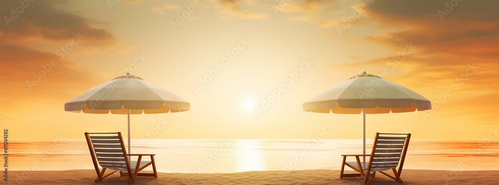 Two beach chair and umbrella on beautiful beach on sunset. Travel paradise concept. Generative AI