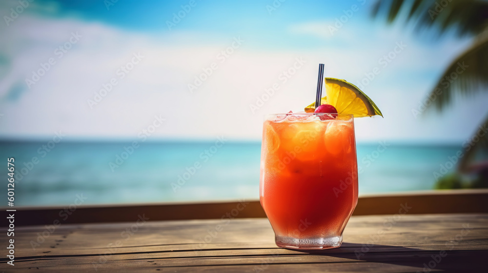 Dirty Monkey cocktail on background with blue sea and sky tropical background. Generative AI