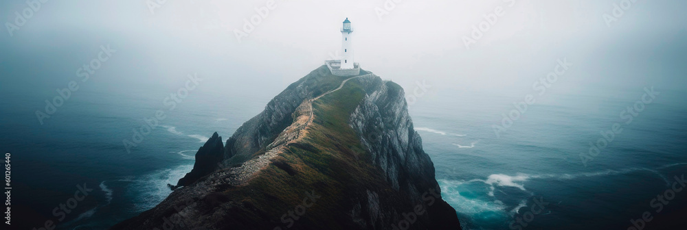 Lighthouse on a cliff edge in stormy and misty weather. Generative AI