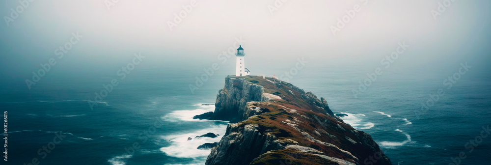 Lighthouse on a cliff edge in stormy and misty weather. Generative AI