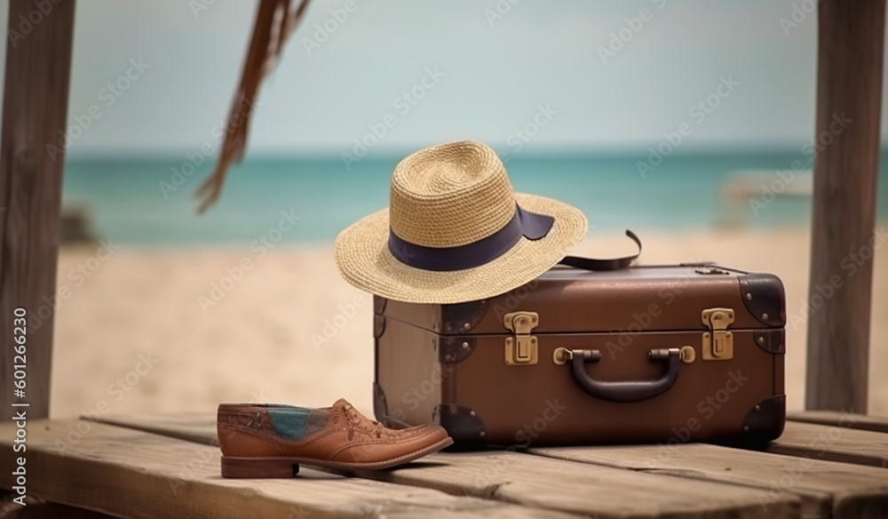 Suitcase, hat and accessories on the wooden floor with a sea background. Travel concept. Generative 