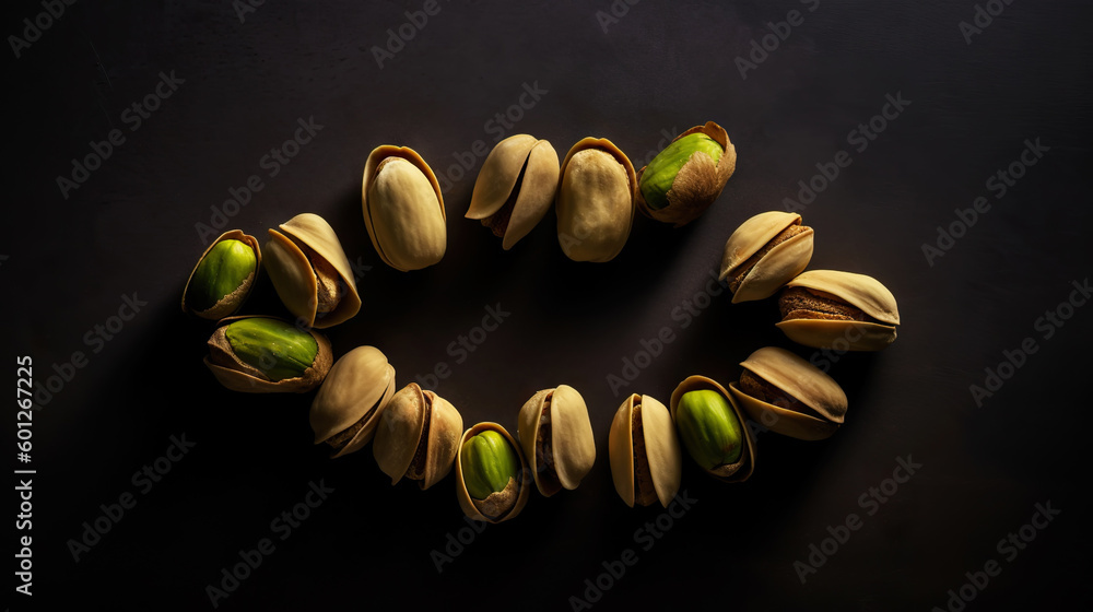 Pistachios on dark background. Nuts. Green fresh inshell pistachios. Generative AI