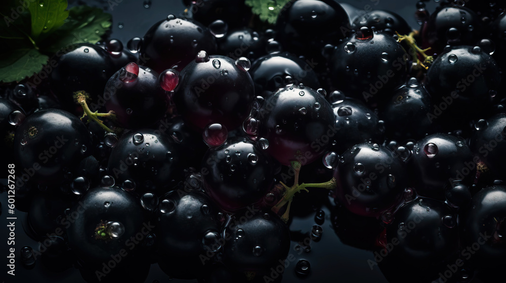 Fresh ripe blackcurrant with water drops background. Berries backdrop. Generative AI