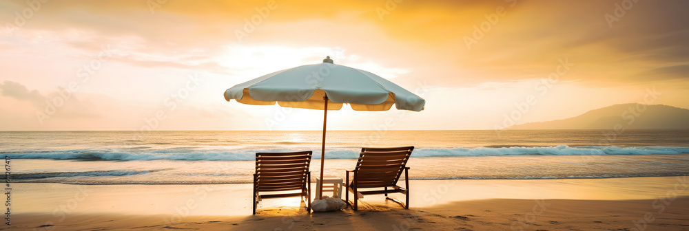 Two beach chair and umbrella on beautiful beach on sunset. Travel paradise concept. Generative AI