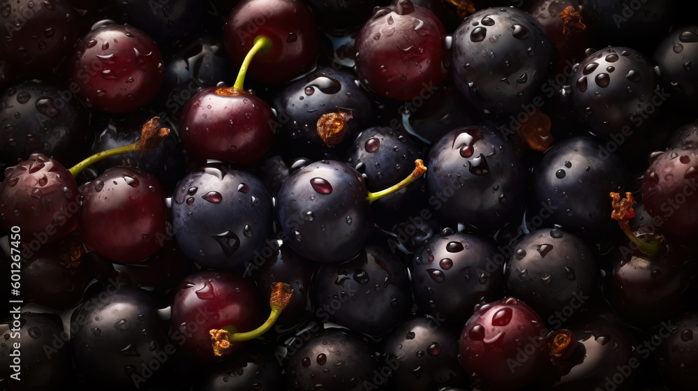 Fresh ripe blackcurrant with water drops background. Berries backdrop. Generative AI