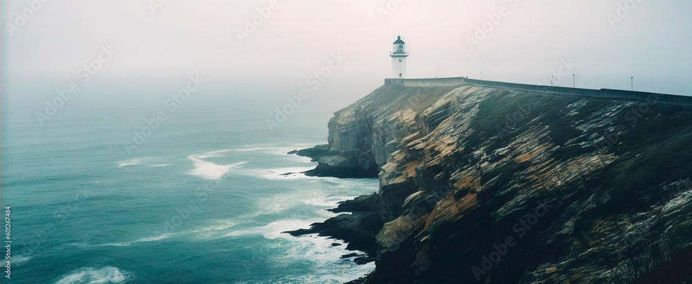 Lighthouse on a cliff edge in stormy and misty weather. Generative AI