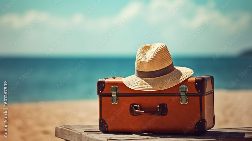 Suitcase, hat and accessories on the wooden floor with a sea background. Travel concept. Generative 