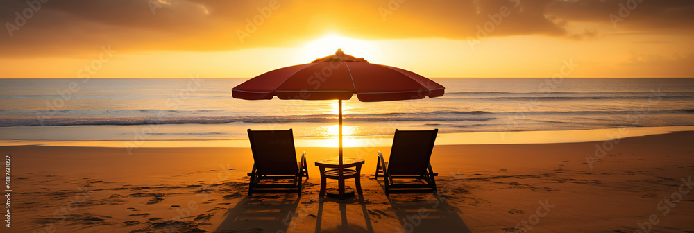 Two beach chair and umbrella on beautiful beach on sunset. Travel paradise concept. Generative AI