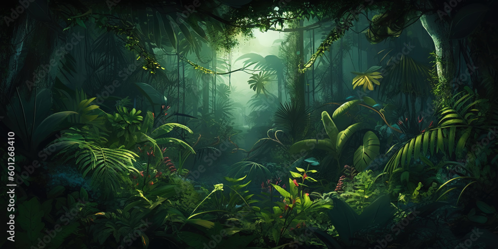 Deep tropical jungles. Dense forest landscape. Generative AI