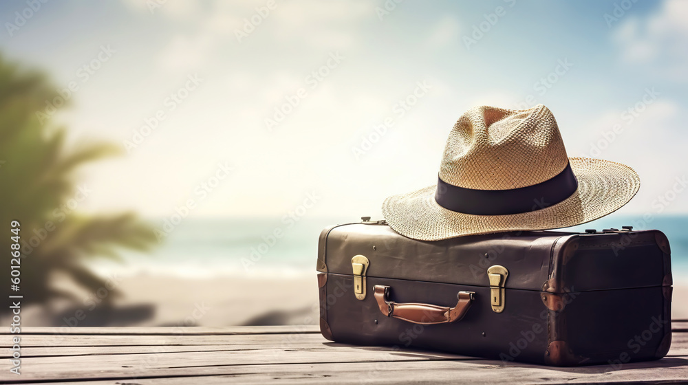 Suitcase, hat and accessories on the wooden floor with a sea background. Travel concept. Generative 