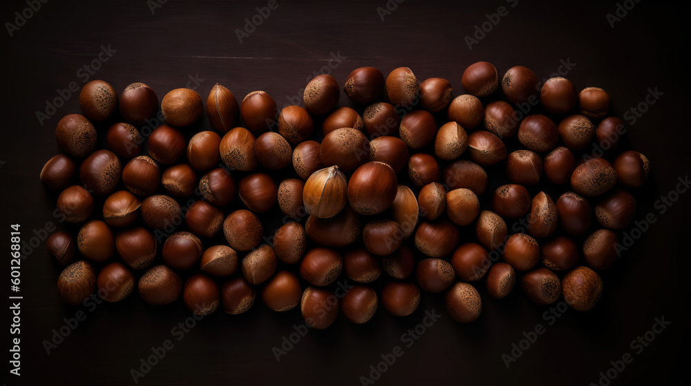 Many dried acorn nuts background. Top view on large group of nuts. Generative AI