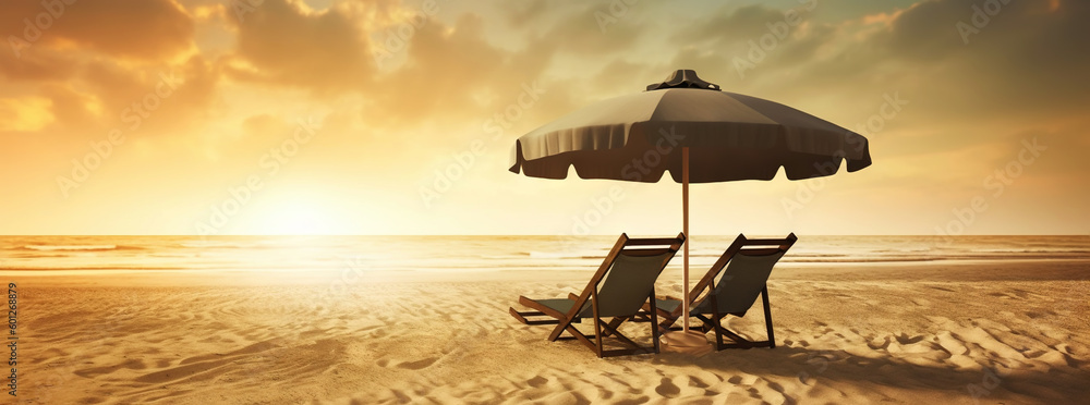 Two beach chair and umbrella on beautiful beach on sunset. Travel paradise concept. Generative AI