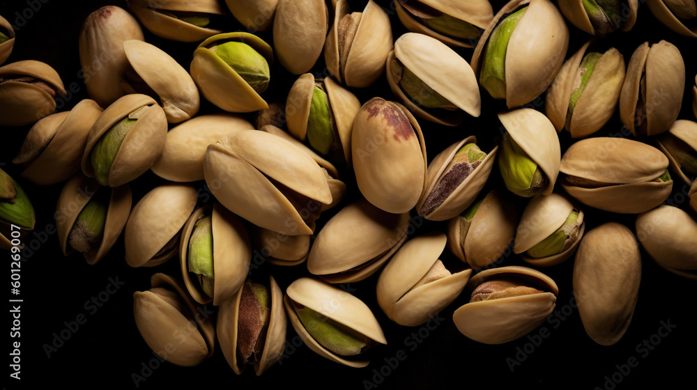 Pistachio background. Nuts. Green fresh inshell pistachios. Generative AI