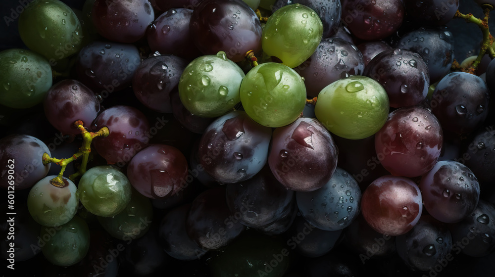 Fresh ripe grapes with water drops background. Berries backdrop. Generative AI