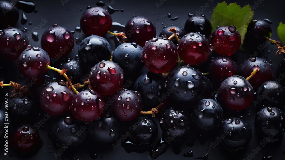 Fresh ripe blackcurrant with water drops background. Berries backdrop. Generative AI