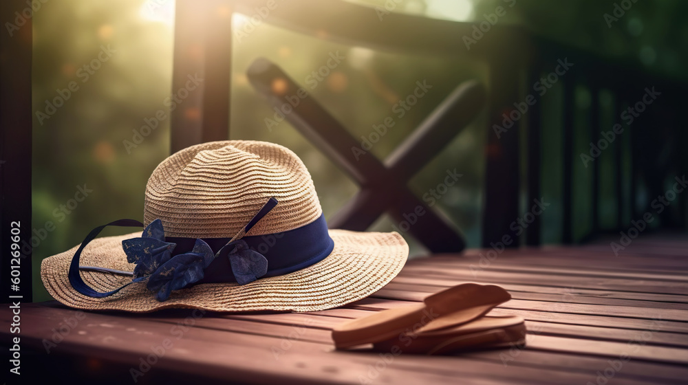 Hat and accessories with a sea background. Travel concept. Generative AI