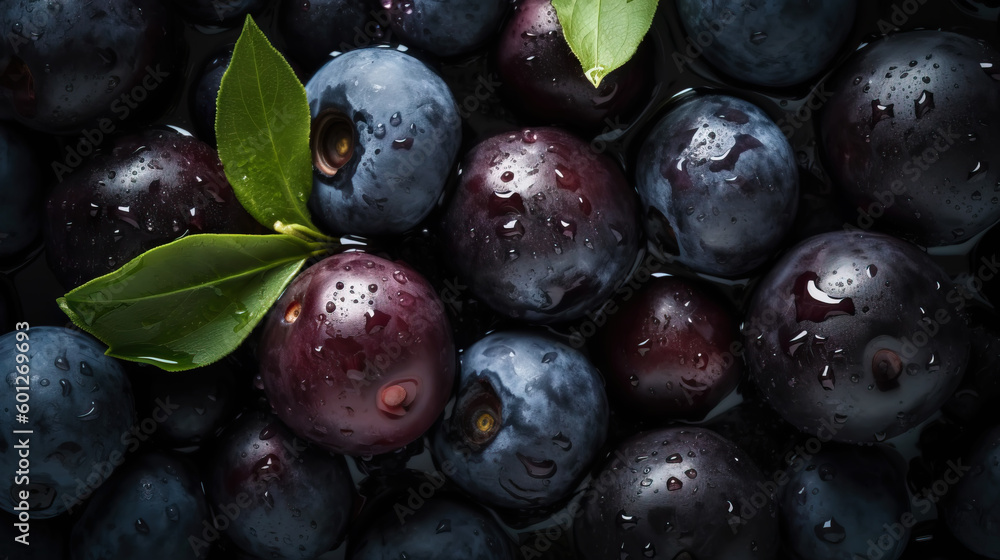 Fresh ripe huckleberry with water drops background. Berries backdrop. Generative AI