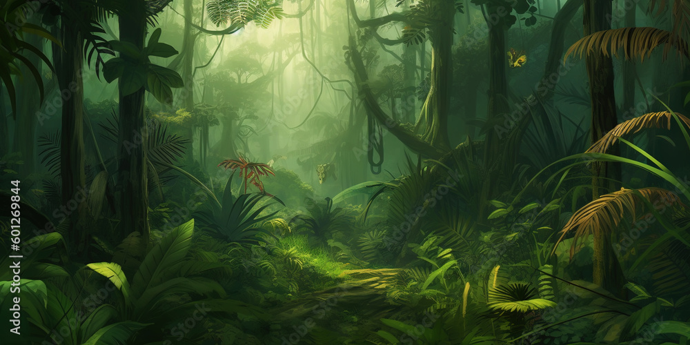 Deep tropical jungles. Dense forest landscape. Generative AI