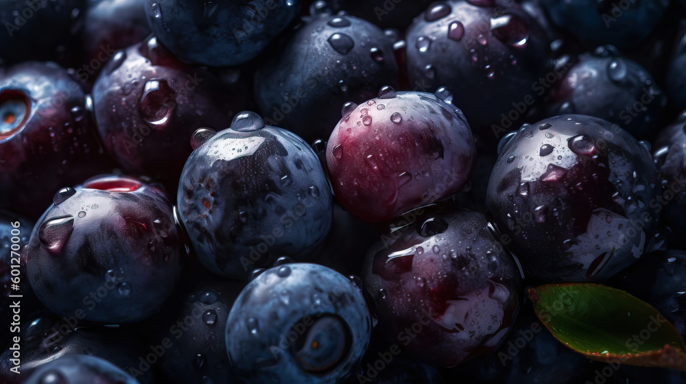 Fresh ripe huckleberry with water drops background. Berries backdrop. Generative AI