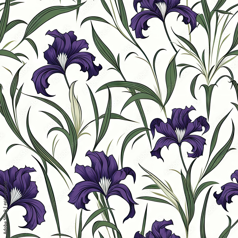 Iris flower seamless pattern. Floral seamless background. Generative AI