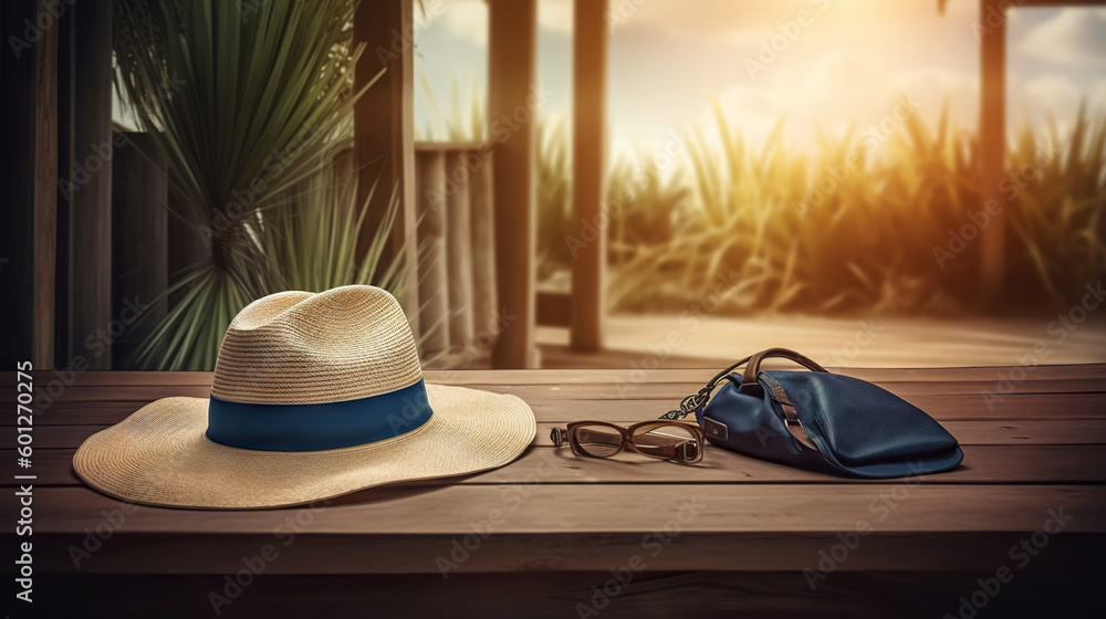 Hat and accessories with a sea background. Travel concept. Generative AI