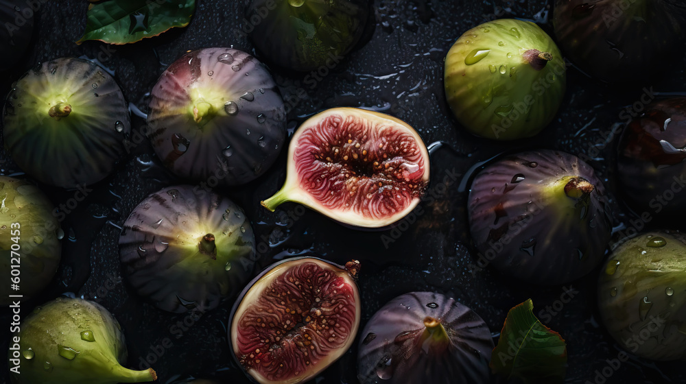 Fresh ripe figs with water drops background. Fruits backdrop. Generative AI