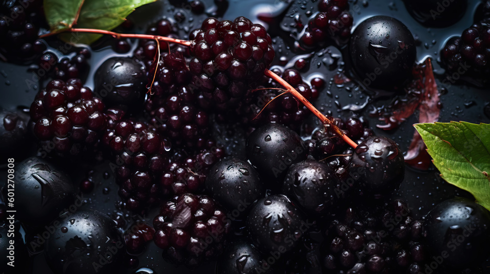 Fresh ripe elderberry with water drops background. Berries backdrop. Generative AI