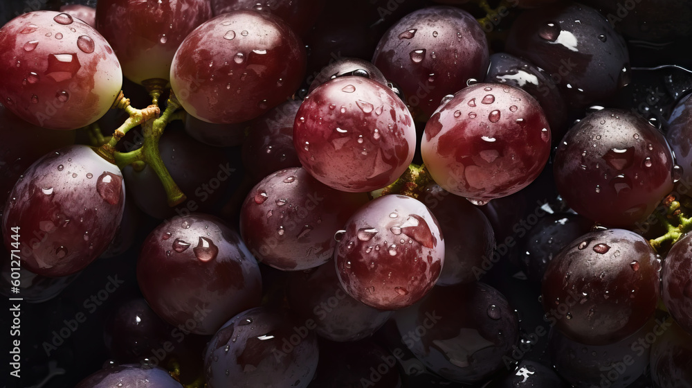 Fresh ripe grapes with water drops background. Berries backdrop. Generative AI