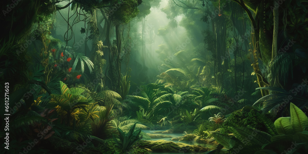 Deep tropical jungles. Dense forest landscape. Generative AI