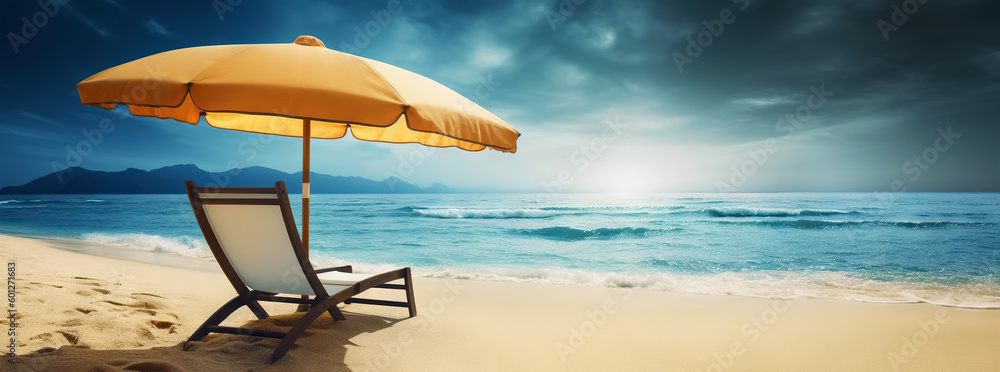 Beach chair and umbrella on beautiful beach. Travel paradise concept. Generative AI