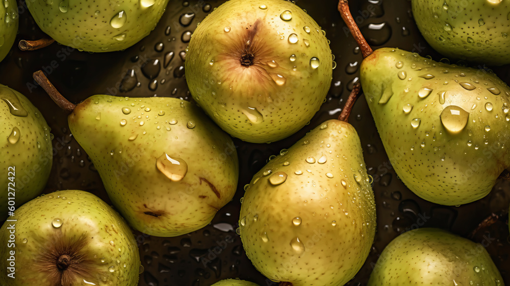 Fresh ripe pears with water drops background. Fruits backdrop. Generative AI